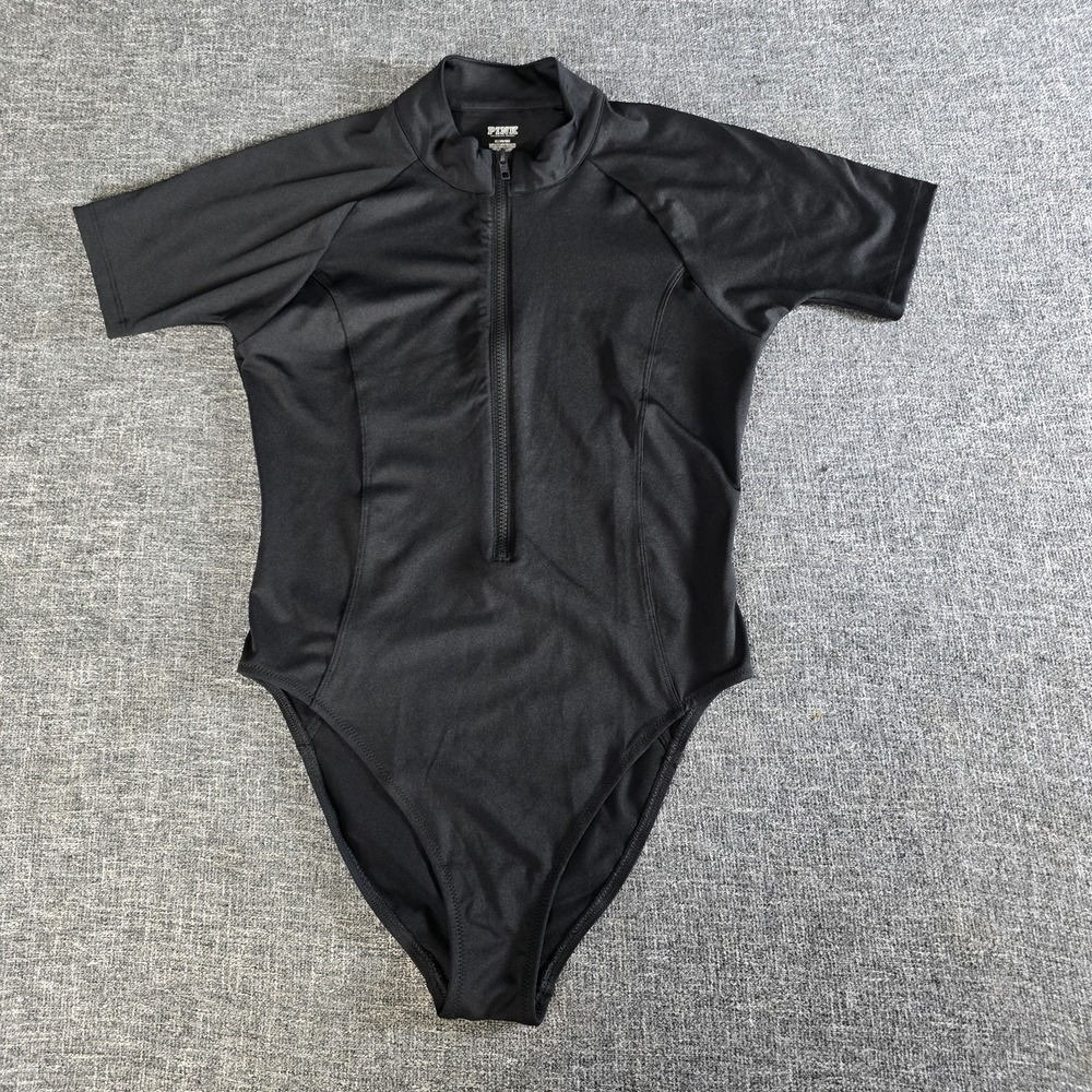 PINK Victoria's Secret Black Short Sleeve Rash Guard One Piece Swimsuit Medium